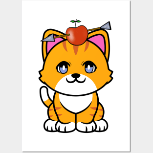 Cute orange cat has an apple and arrow on head Posters and Art